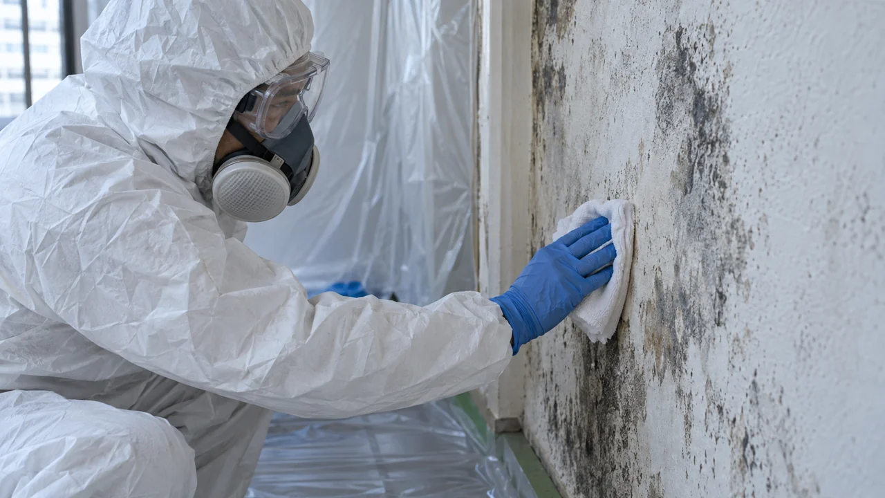 養生した室内で、保護具を着用して壁面を湿式清拭するカビ除去作業