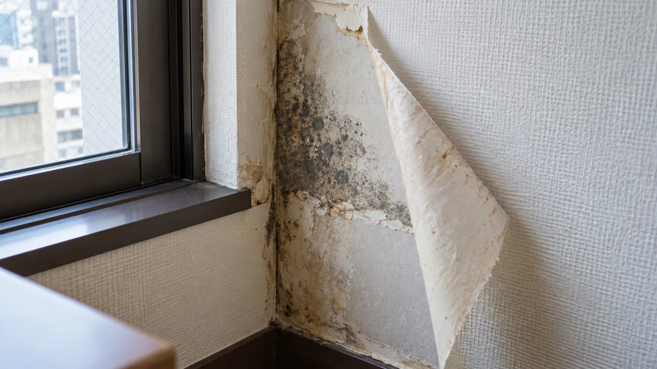 客室の壁紙の裏側に残る下地のカビと変色